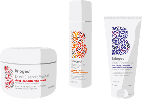 Briogeo Don't Despair Repair, Blossom & Bloom & Curl Charisma bottle illustrations